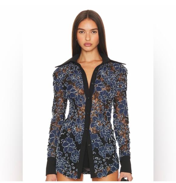 REVOLVE Tops - Revolve Aaizel Denim Lace Floral Burnout Sheer Collared Shirt Size 8